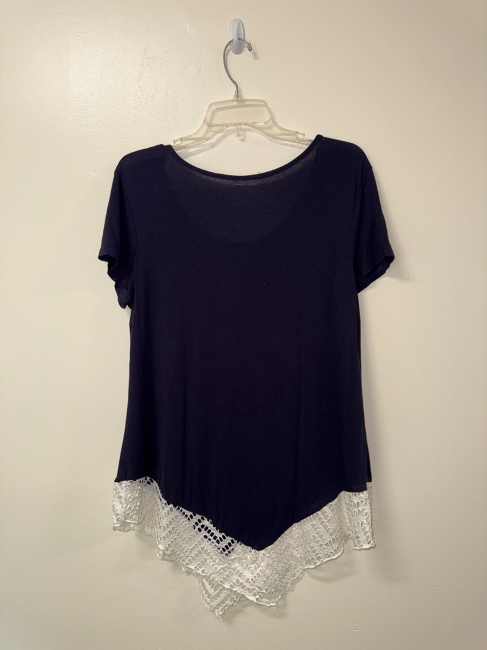 Women’s Navy Blue Short Sleeve Top with White Lace Hem - Picture 4 of 5